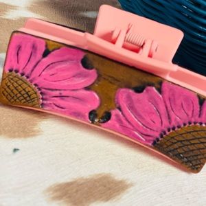 Hair clip - made out of leather shop with makers mark